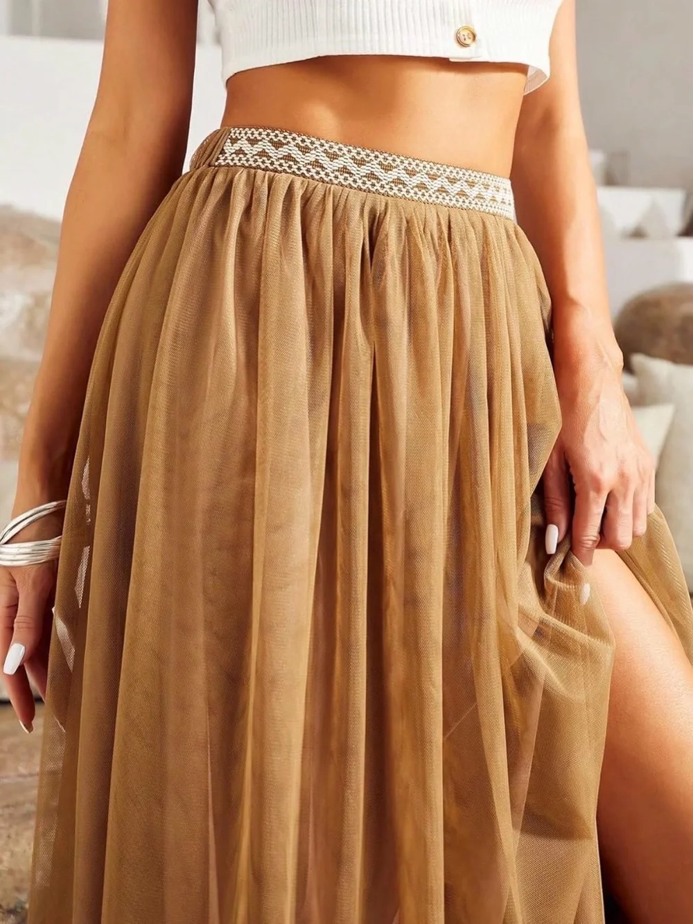 Women's Tan Maxi Skirt with High Side Slit and Decorative Waistband - Picture 5 of 8